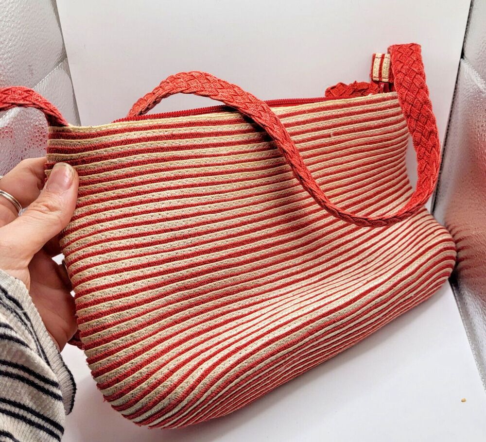 Liz Claiborne Woven Red and White Stripe Woven Rattan Wicker Bag 12.5in wide